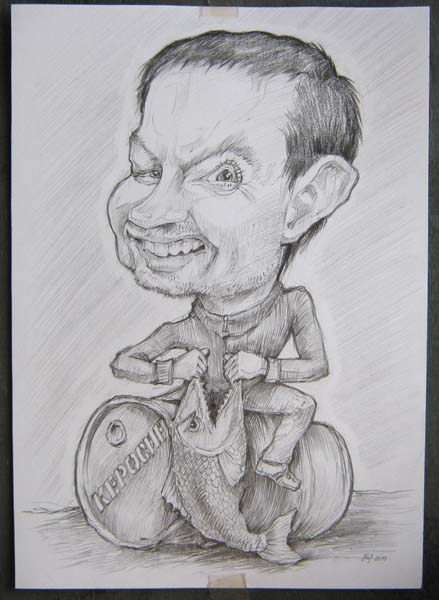 Шарж мужчина сидит на бочке с керосином и рвет рыбе пасть