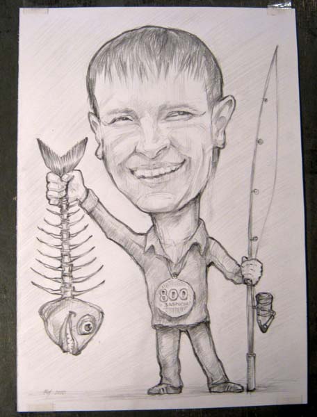 Шарж рыбак держит скелет рыбы от шаржиста Михаила Шабалина