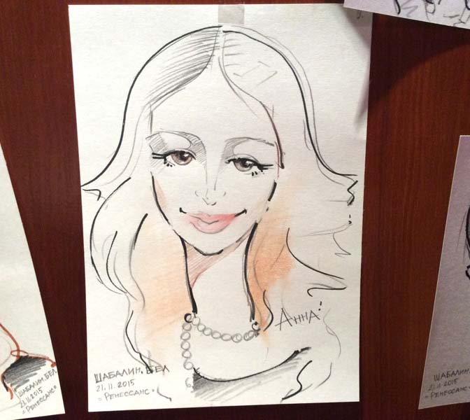 Шарж Анны акварелью и маркером на свадьбе