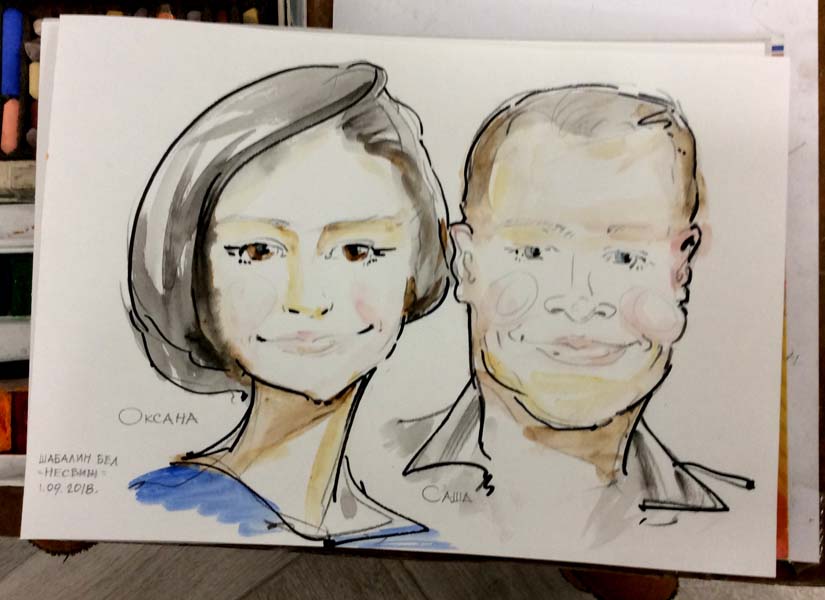 Шарж Оксаны и Саши выполненный акварелью