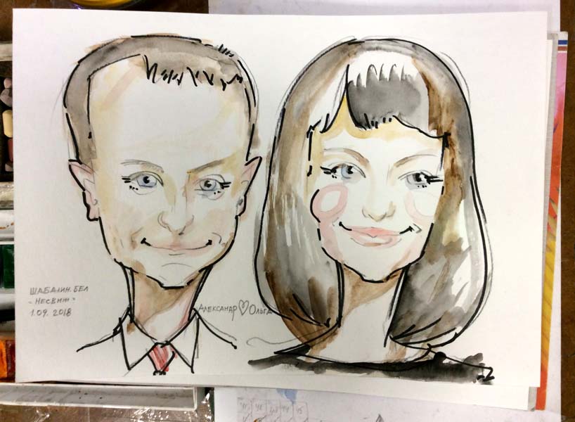 Композиция Александра и Ольги цветными мелками и акварелью